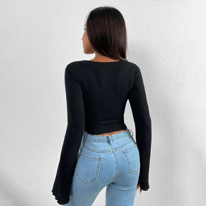 Sexy V-Neck Tops Flared Sleeve Irregular Wholesale Womens Long Sleeve T Shirts