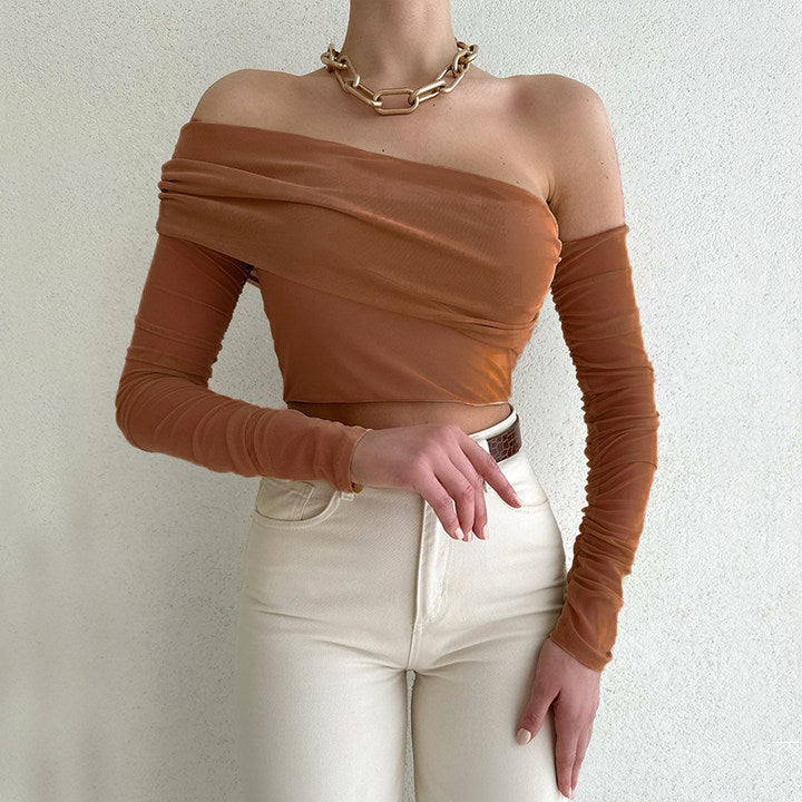 Sexy Solid Color One-Line Collar Strapless Long-Sleeved Wrap Top Wholesale Womens Tops