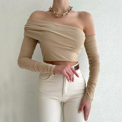 Sexy Solid Color One-Line Collar Strapless Long-Sleeved Wrap Top Wholesale Womens Tops