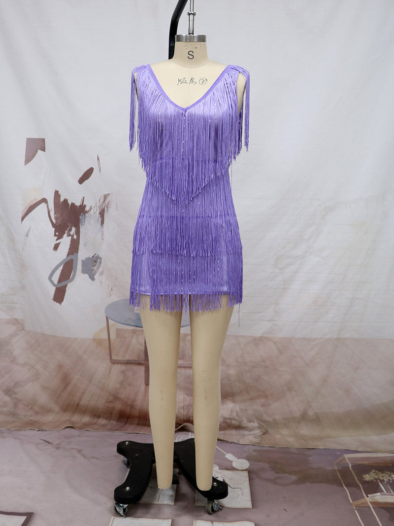 Deep V Sleeveless Bodycon Fringe Dress Wholesale Dresses
