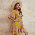 V-Neck Floral Print High Waist Short Sleeve A-Line Ruffle Dress Wholesale Dresses