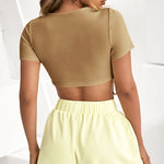 Sexy Short-Sleeved Lace-Up Drawstring Round Neckline Inside The Nude Sense Of Top Wholesale Womens Tops