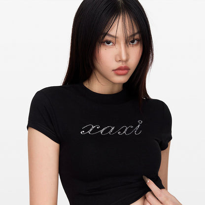 Hot Diamond Round Neck Slim Fit All-Match T-Shirt Crop Tops Wholesale Women'S Tops