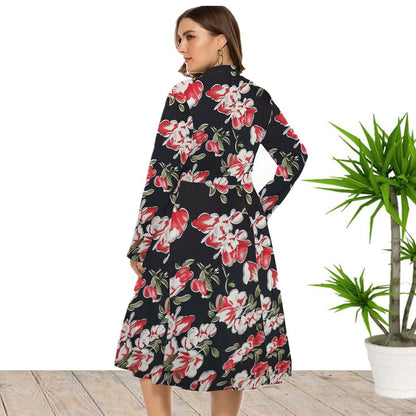 Casual Floral Crew Neck Midi Swing Dress Long Sleeve Lace-Up Wholesale Plus Size Clothing