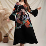 Casual V Neck Print Swing Dress Lace-up Long Sleeve Midi Dresses Wholesale Plus Size Clothing