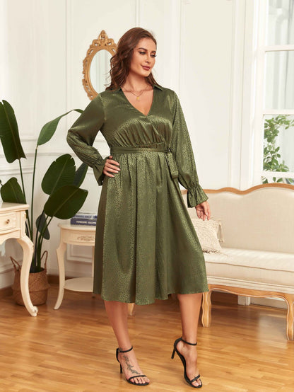 Elegant V-Neck Midi Dress Lace Up Puff Sleeve Solid Color Dresses Wholesale Plus Size Clothing