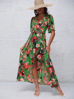 Contrast Color Printed Short-Sleeved Slit Irregular Dress Wholesale Dresses