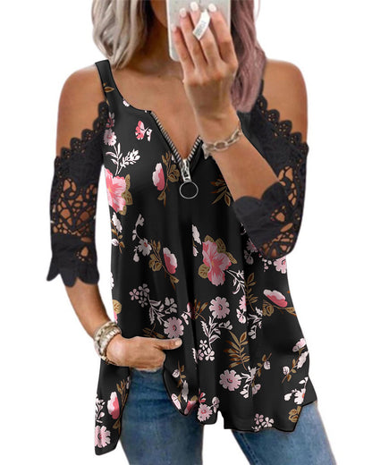 Sexy Off-Shoulder V Neck Lace Camisole Tops Casual Floral Zipper Womens T Shirts Wholesale