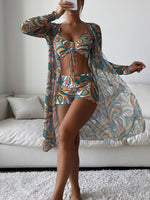 Three-Piece Printed Long-Sleeved Blouse Approved Boxer Bikini Set Wholesale Women'S Clothing