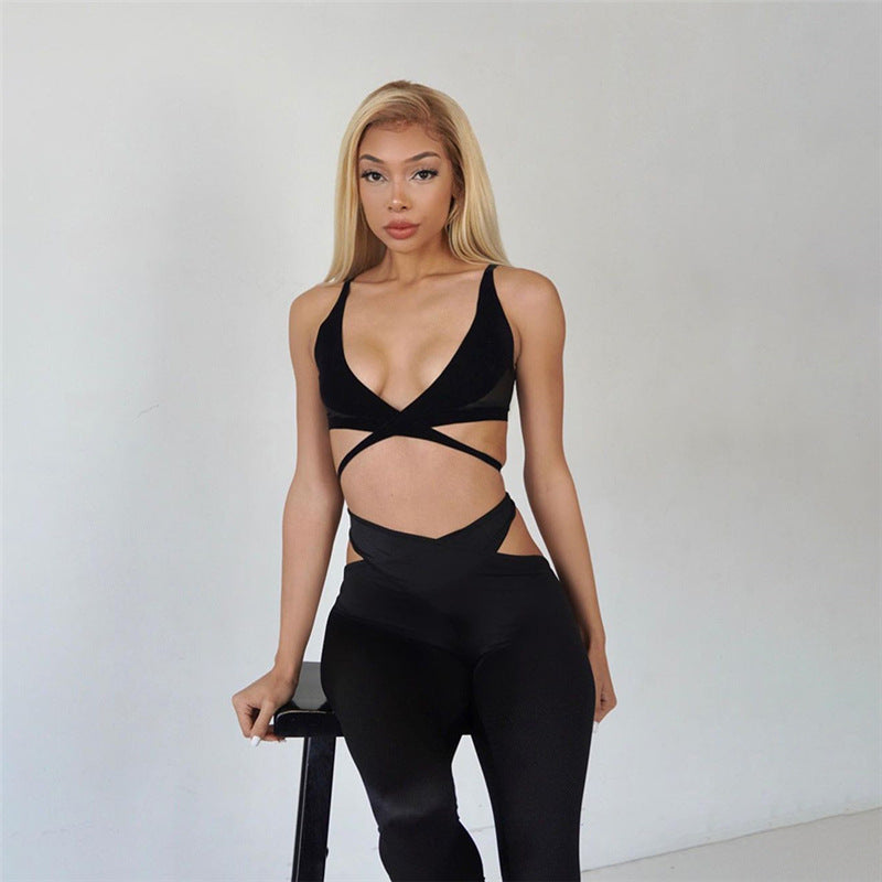 Hollow Mesh Stitching Tops & High Waist Trousers Sexy Suits Wholesale Women'S 2 Piece Sets N5323022200215