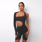 One Shoulder Long Sleeve Hollow Solid Color Sports Playsuit Wholesale Women'S Clothing