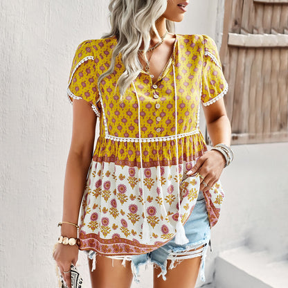 Ethnic Printed V-Neck Short Sleeve Bohemian T-Shirt Wholesale Womens Tops