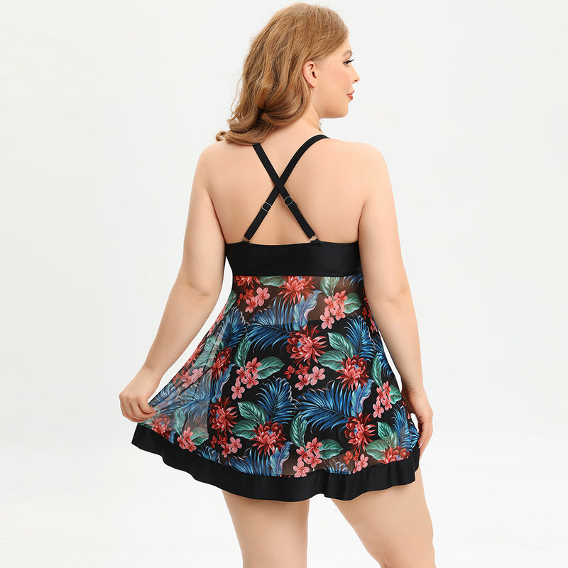 Wholesale Women'S Plus Size Clothing V-Neck See-Through Stitching Boxer Trunks Split Swimsuit