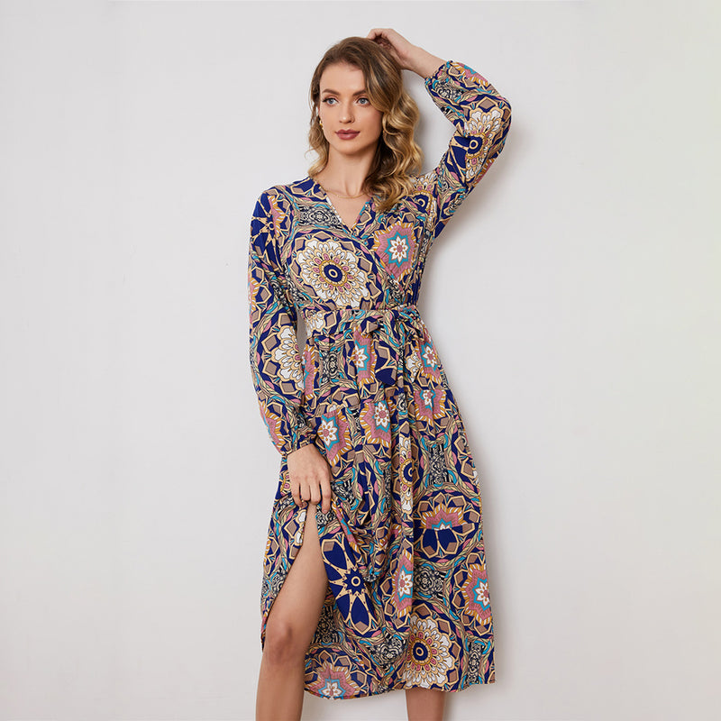 Abstract Print Lace-Up Long Sleeve Mid-Length Shirt Dress Wholesale Dresses