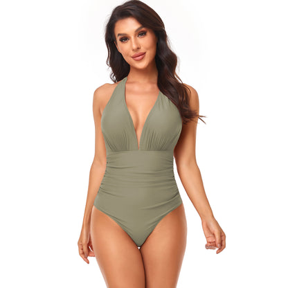 Triangle Solid Gathered Halter Neck One-Piece Swimsuit Wholesale Women'S Clothing