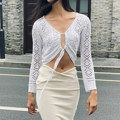 V-Neck Hook Hollow Sexy Long-Sleeve Navel Knitwear Wholesale Women Tops