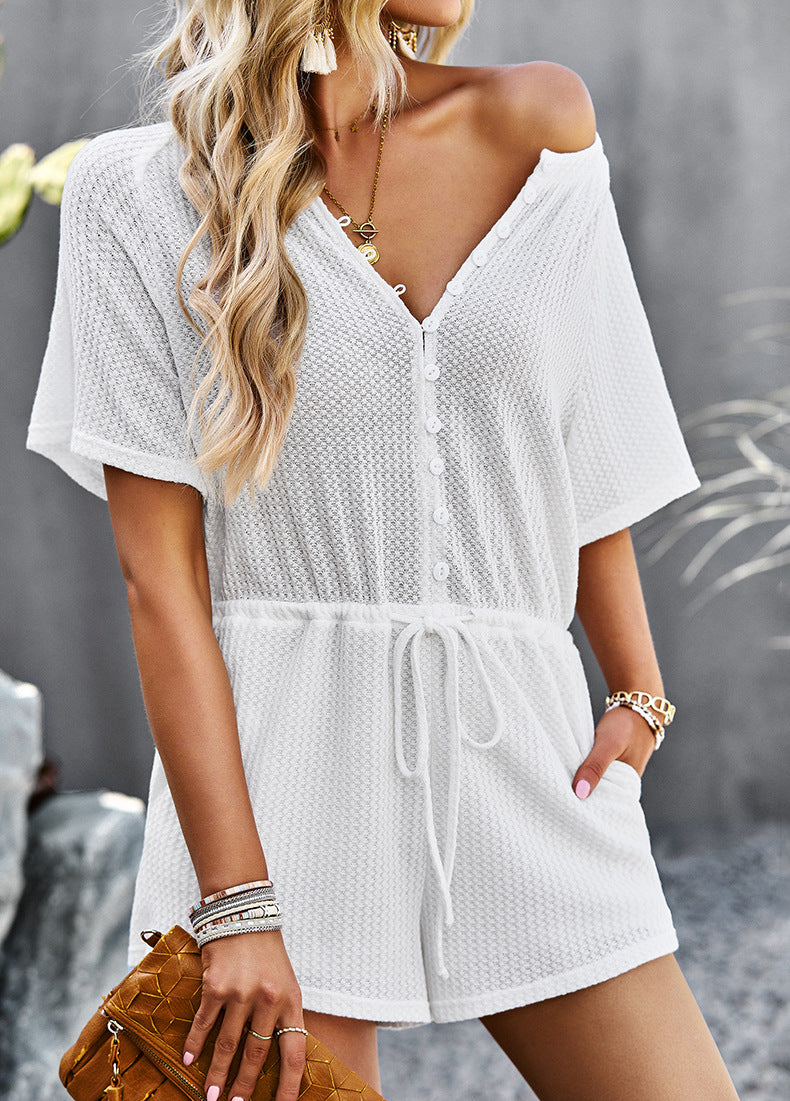 Solid Color Button Short Sleeve Drawstring Women Rompers Wholesale Jumpsuits