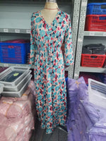 Casual Lantern Sleeves V-Neck Flower Print Lace-Up Long Dress With Large Hem Wholesale Dresses