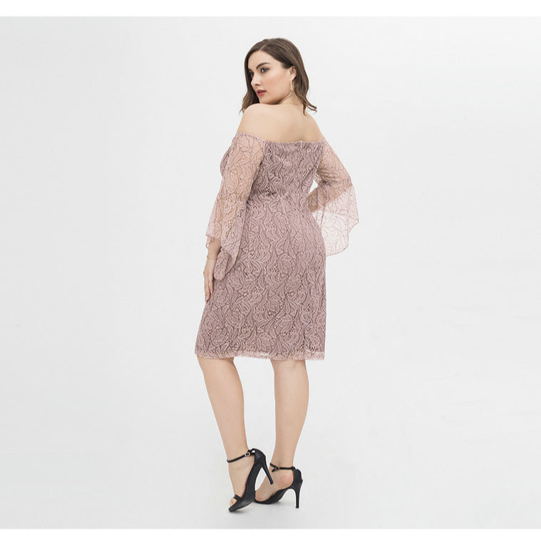 Elegant One-Line Neck Lace Dress Bodycon Solid Color Mini Dresses Wholesale Plus Size Clothing