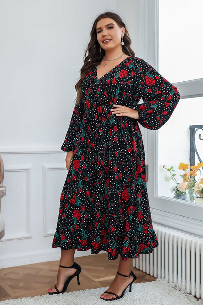 Floral Print Long Sleeve V Neck Wholesale Plus Size Dresses