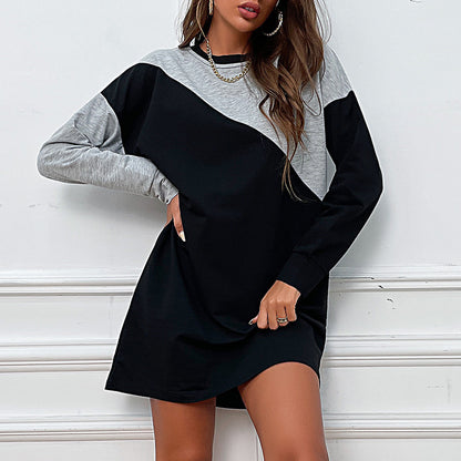 Color-Block Loose Long-Sleeved Casual Crew Neck Sweater Dress Wholesale Dresses