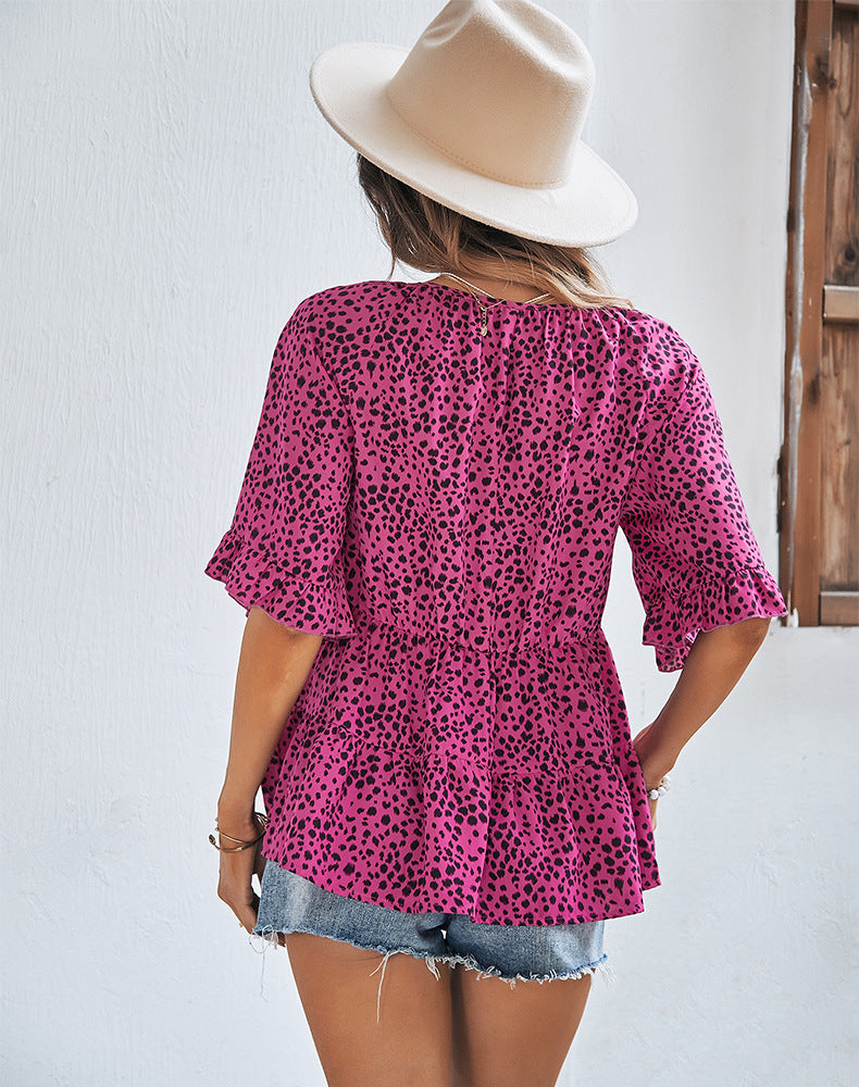 Fashion V Neck Leopard Tops Lotus Leaf Sleeves Lace Up Loose Womens T Shirts Wholesale