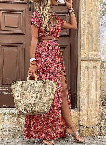 Fashion V-Neck Print Short Sleeve Vacation Slit Maxi Dresses Wholesale Bohemian Dress For Women With Belt