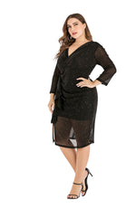 V-Neck 3/4 Sleeve Slim Fit Curvy Sequin Dresses Wholesale Plus Size Clothing