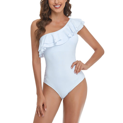 Solid Color One-Shoulder Ruffled One-Piece Swimsuit Wholesale Women'S Clothing