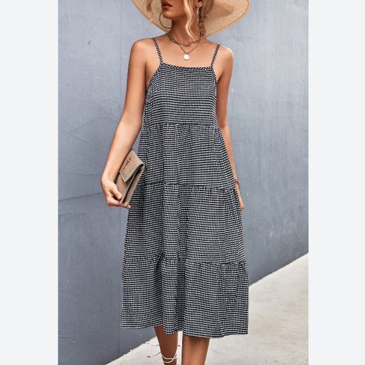 Plaid Sling Smocked Midi Dress Casual Vacation Wholesale Dresses