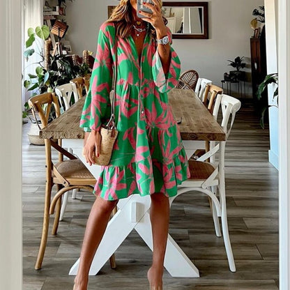 Casual V-Neck Printed Midi Dress Loose Single-Breasted Flared Long Sleeve Wholesale Dresses