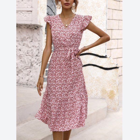 Floral Print V-Neck Lace-Up Waist Frill Sleeve Ruffle Dress Casual Summer Wholeslae Dresses