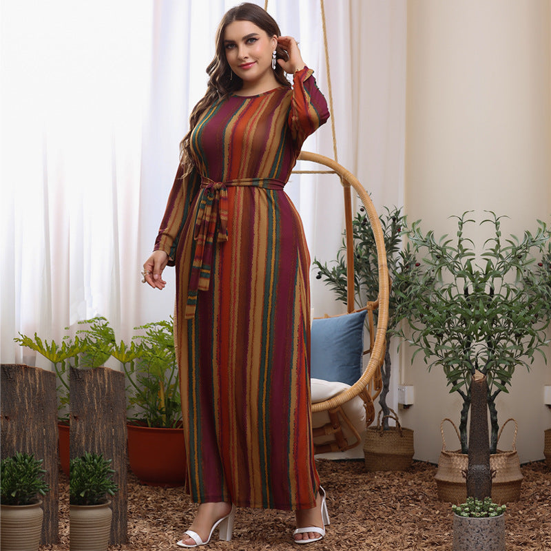 Fashion Striped Lace-Up Maxi Dress Loose Long Sleeve Plus Size Wholesale Dresses