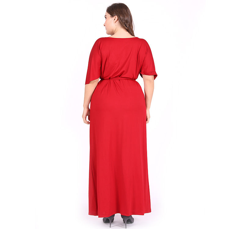 V Neck Tie-Up Flare Short Sleeve Curvy Dresses Wholesale Plus Size Clothing