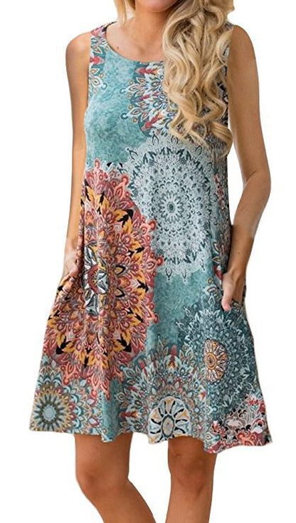 Women Fashion Floral Print Sleeveless Wholesale Tank Dresses With Pockets Summer