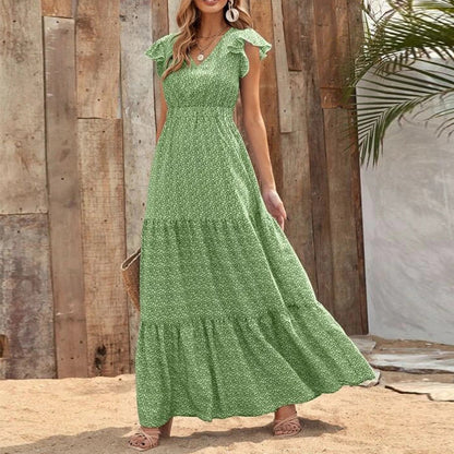 Ruffled Sleeve V Neck High Waist Vacation Smocked Floral Dress Wholesale Maxi Dresses