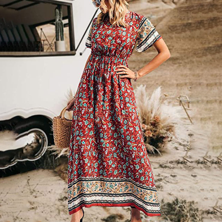 Printed Resort Casual Short Sleeve Boho Swing Maxi Dresses Wholesale Bohemian Dress For Women
