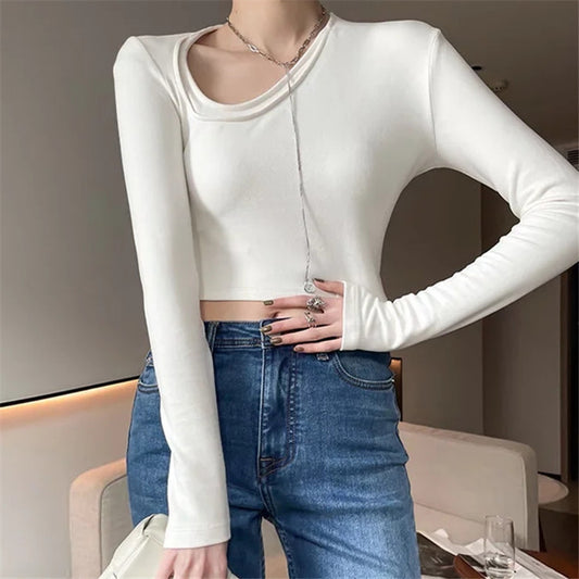 Solid Color Slim-Fit Double-Layer Oblique Fold Collar Design Sense Long-Sleeved Crop Top Wholesale Women Top