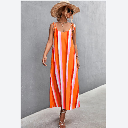 Low Cut Contrast Striped Print Sexy Backless Beach Sling A-Line Dress Holiday Wholesale Dresses