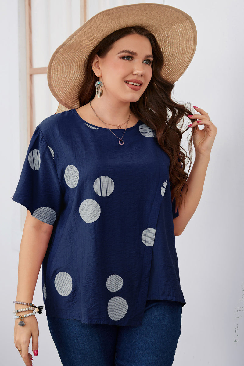 Polka Dot Print Short Sleeve Round Neck Wholesale Plus Size Tops