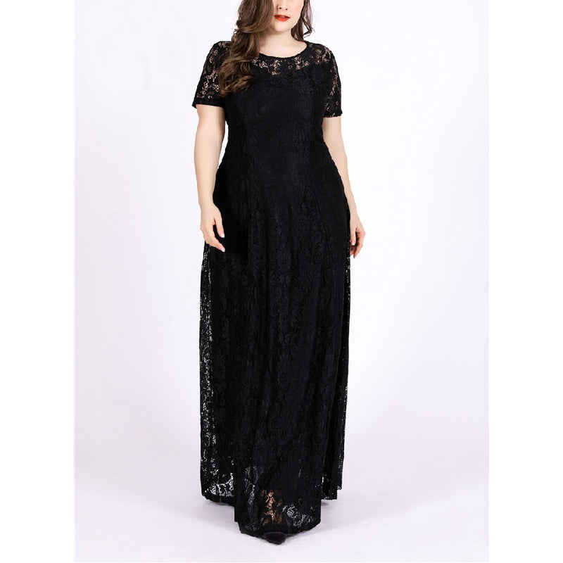 Wholesale Women'S Plus Size Clothing Lace Round Neck Short Sleeve Crochet Hollow Evening Dress