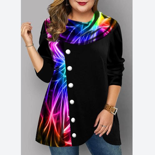 Fashion Rainbow Print Tops Long Sleeve Button Decoration Round Neck T Shirts Wholesale Plus Size Clothing