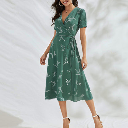 Tie-Up Waist Printed V-Neck Short Sleeve Mid-Length A-Line Dress Casual Wholesale Dresses