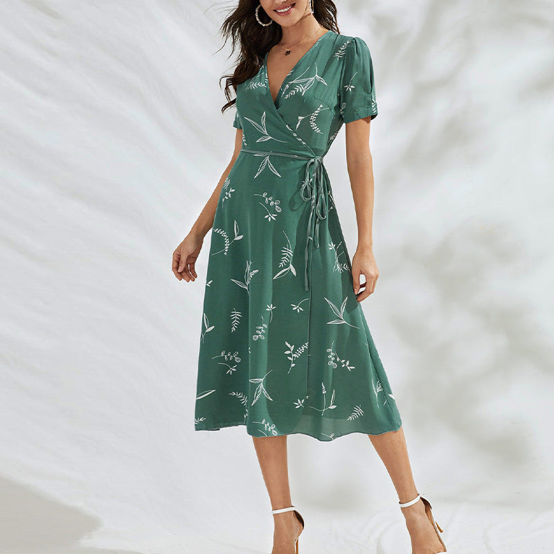 Tie-Up Waist Printed V-Neck Short Sleeve Mid-Length A-Line Dress Casual Wholesale Dresses