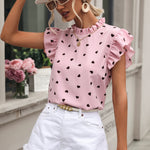 Fashion Heart Print Tops Round Neck Ruffle Short Sleeve Casual Womens T Shirts Wholesale