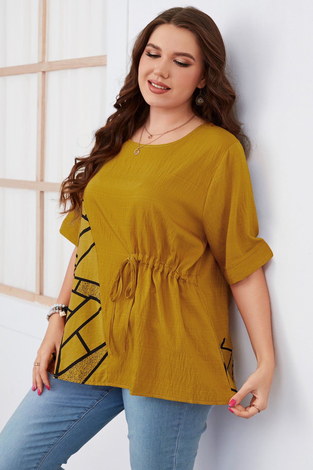 Geometric Print Short Sleeve Round Neck Wholesale Plus Size Tops