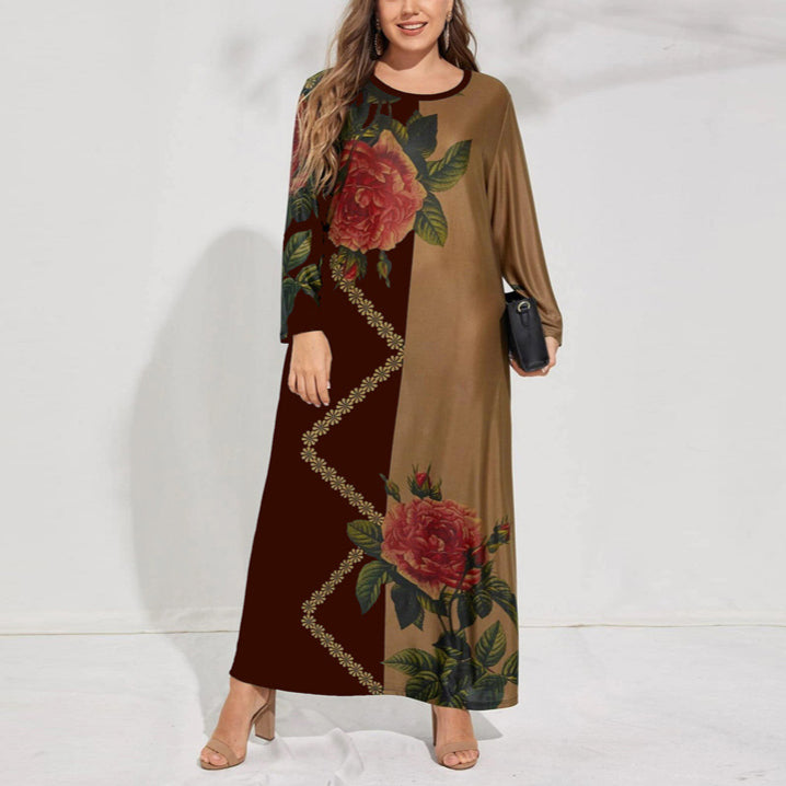 Retro Color Matching Print Maxi Dress Loose Long Sleeve Plus Size Wholesale Dresses