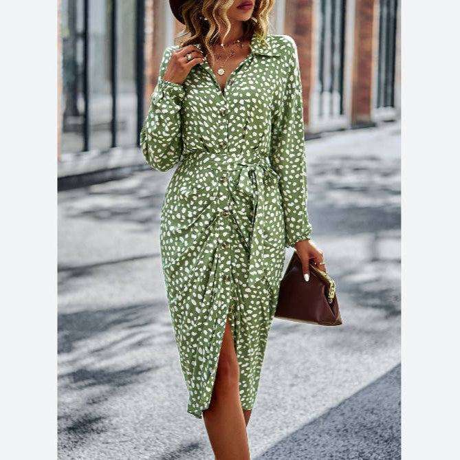Printed Long Sleeve Ruched Tie-Up Pleated Shirtdress Wholesale Shirt Dresses