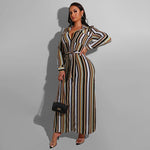Wholesale Plus Size Women Clothing Striped Button-Down Lapel Long-Sleeved Fitted Shirt Dress