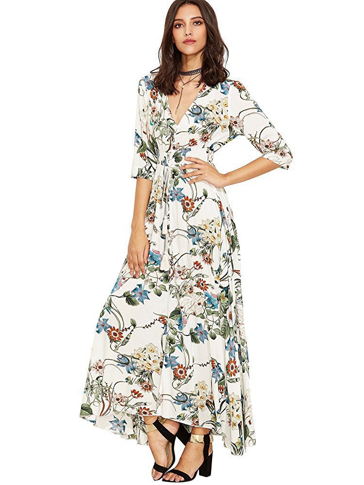 Retro Ethnic Style V-Neck Mid Sleeve Swing Maxi Dresses Casual Wholesale Bohemian Dress For Women